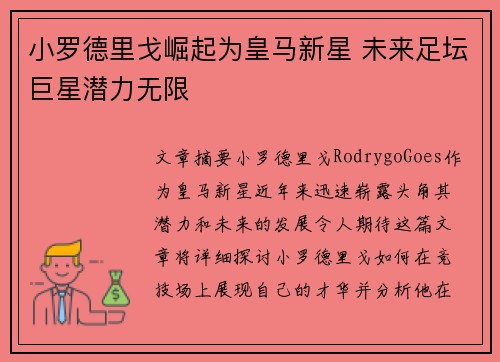 小罗德里戈崛起为皇马新星 未来足坛巨星潜力无限 小罗德里戈崛起为皇马新星 未来足坛巨星潜力无限